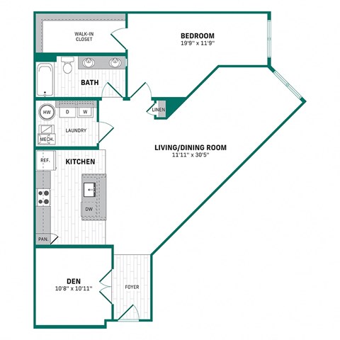 Floor plan for 1 bed, 1 bath, 1158 sqft